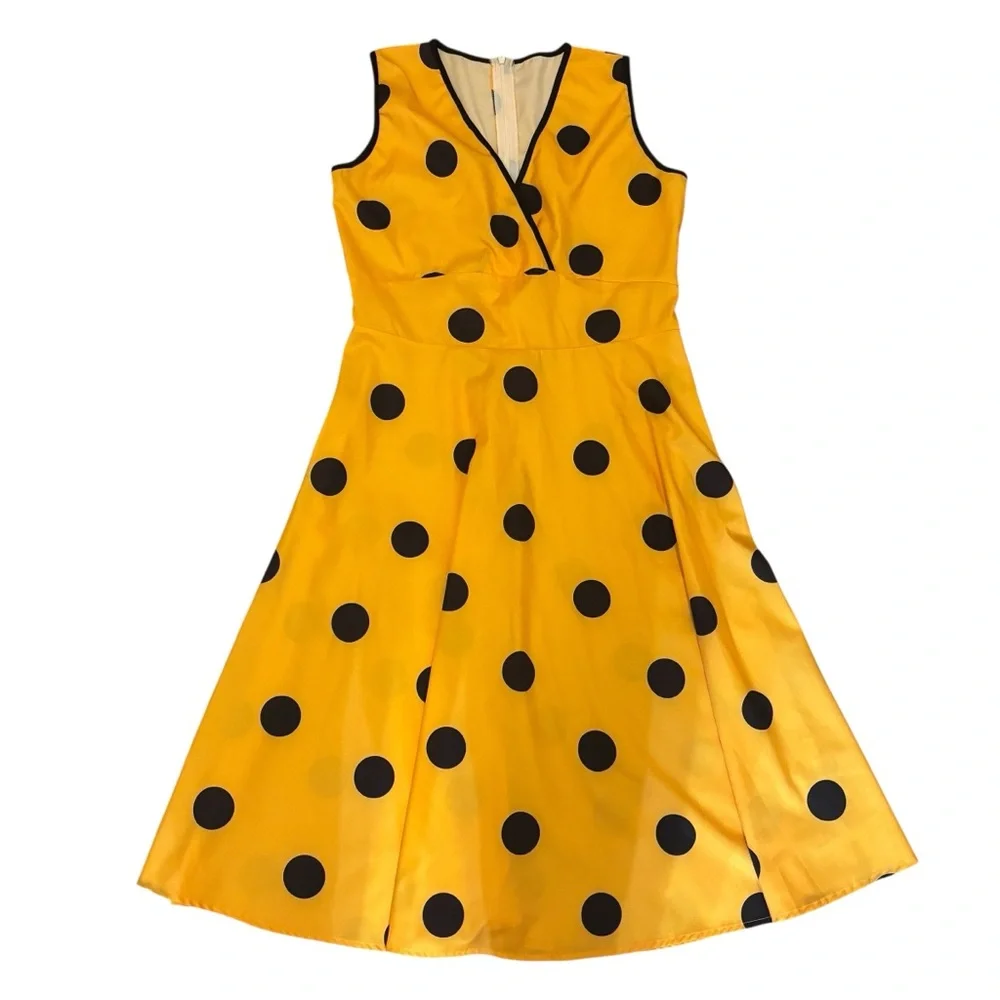 Yellow Polka Dot Dress Large Midi Sleeveless Faux Wrap Black Dots Cotton Poly - Picture 12 of 16